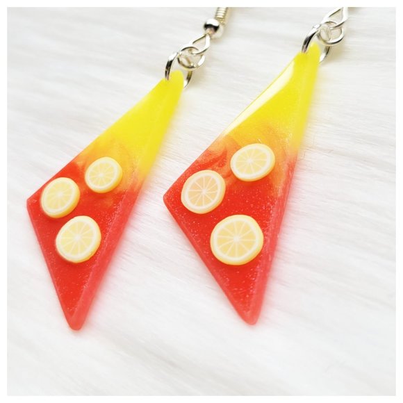 Strawberry Lemonade Earrings Yellow and Pinkish Red Lemon Dangle Earrings - Picture 5 of 10